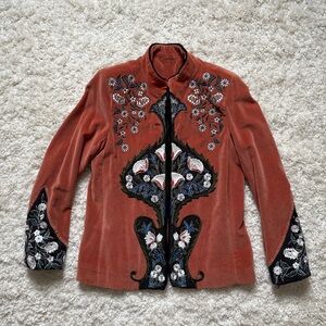 Zara Velvet Boho Floral Embroidered Jacket Size Medium GREAT Shape